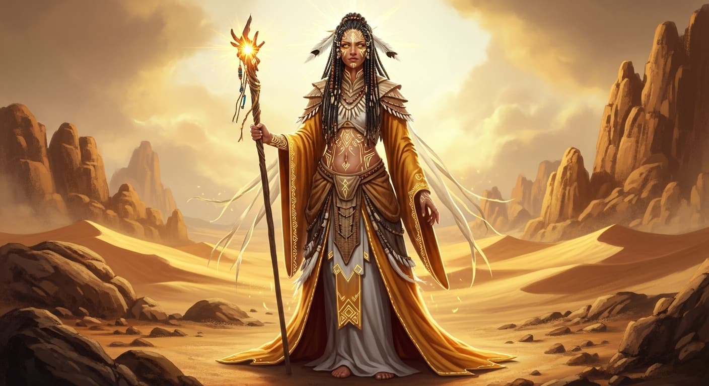 AI generated: An ultra-realistic, full-body view of a mesmerizing desert prophetess woman, radiating ancient wisdo...