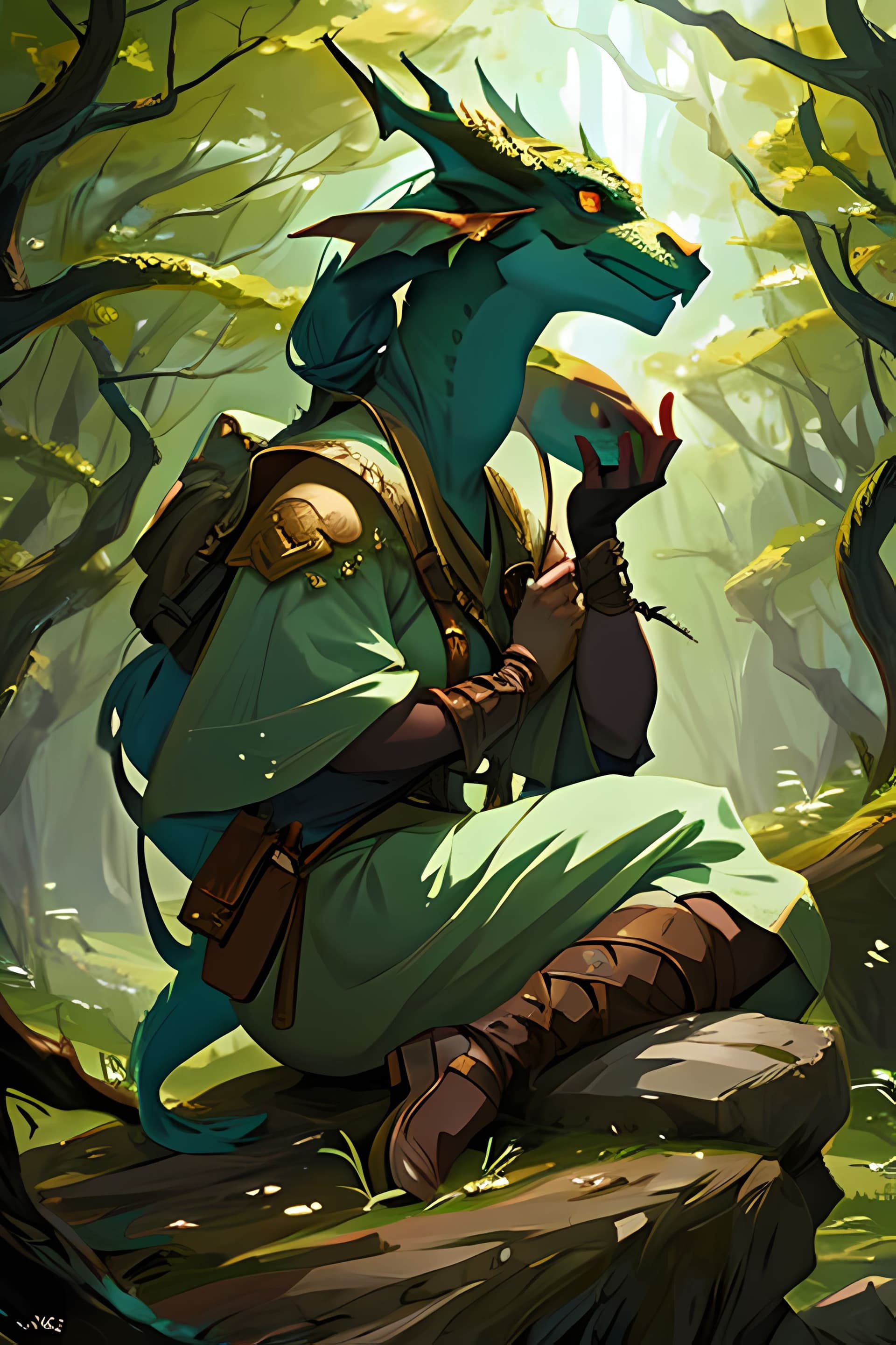 AI generated: a woman sitting on a rock next to a dragon in the woods with her head turned to the side, Clint Cear...