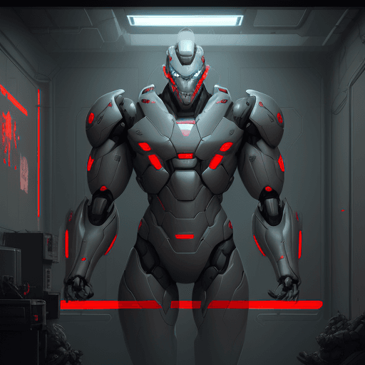 AI generated: Character concept art, grey metallic muscular robotic soldier, futuristic militant mech, glowing red...