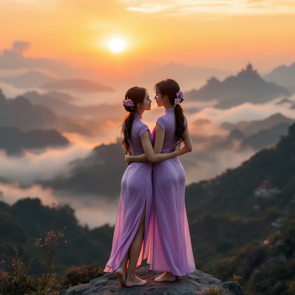 AI generated: At sunset, during golden hours, closeup photo of a two chinese beautiful women they hug each other i...