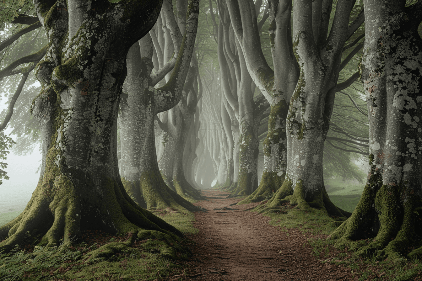 AI generated: Beautiful photo of the forest with trees with very wide trunks, green moss on their trunks and a pat...