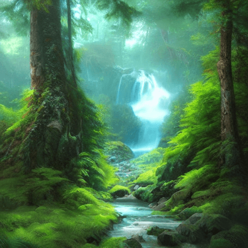 AI generated: Green forest, beautiful beach, waterfalls, blue sky, by Renato muccillo and Andreas Rocha, trending ...