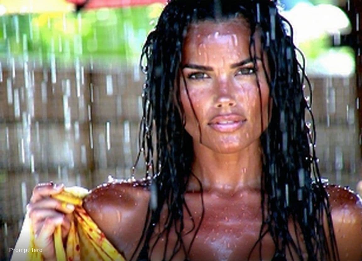AI generated: Use the 100% same uploaded photo,She stands bold and beautiful in the rain, rocking a chic black bik...