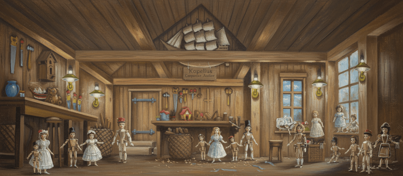 AI generated: make it in Clod Monet style, add some dolls, Kopelius carpenter atelier 