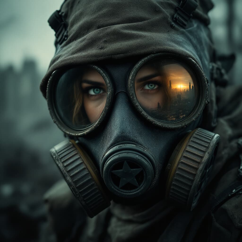 AI generated: A close-up shot of a Chernobyl liquidator's gas mask, filling the frame with gritty, realistic detai...