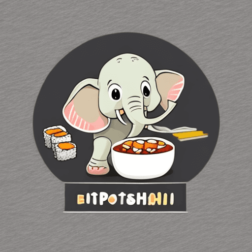 AI generated: cute elephant eating sushi, simple, as a logo