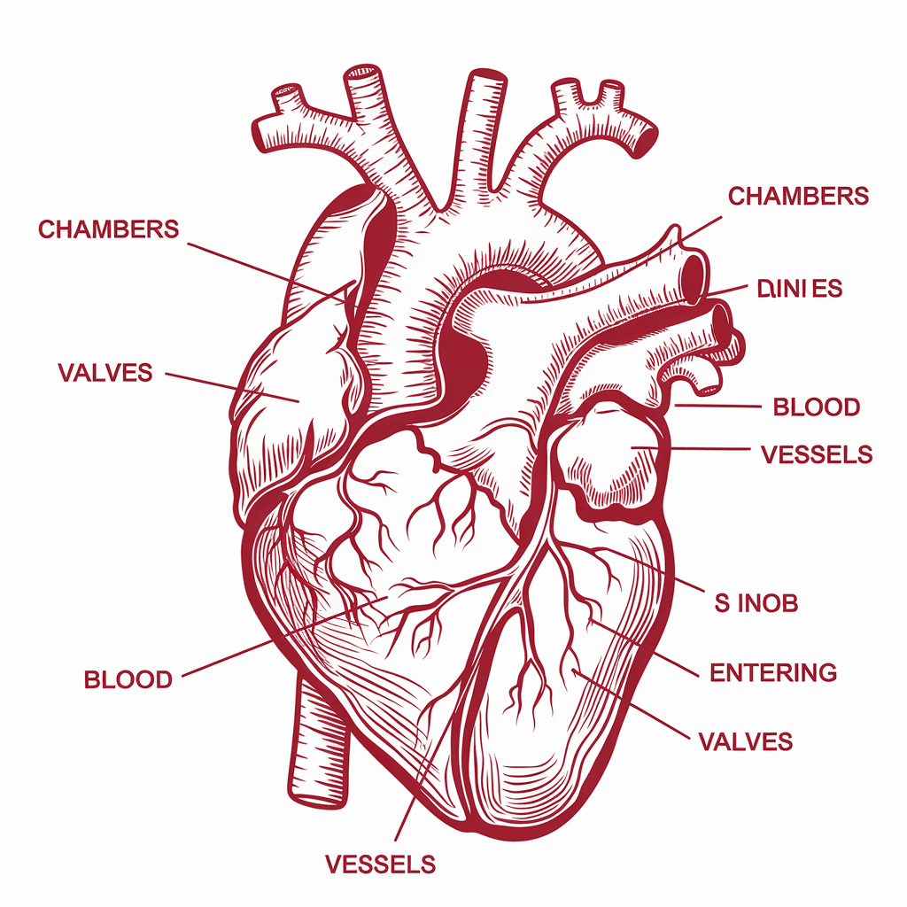 AI generated: Realiza un dibujo del corazón en el que se vean sus cavidades, sus válvulas y los vasos sanguíneos q...