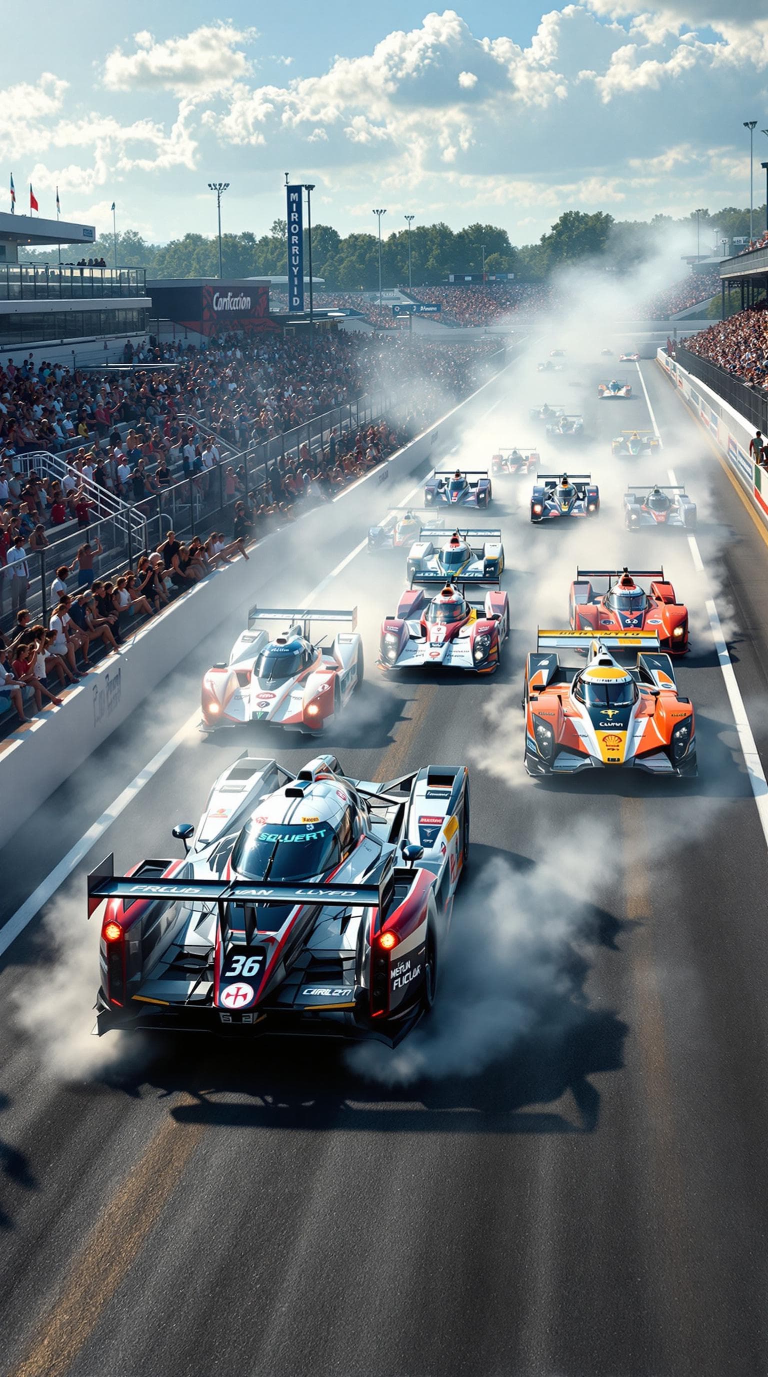 AI generated: Summer. 6 (six) racing cars with logos of different clubs on the sides start moving along the race t...