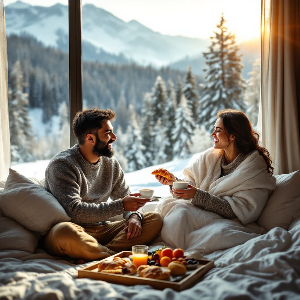AI generated: A candid moment of a indian couple enjoying breakfast in bed at a luxury mountain resort. The man, i...