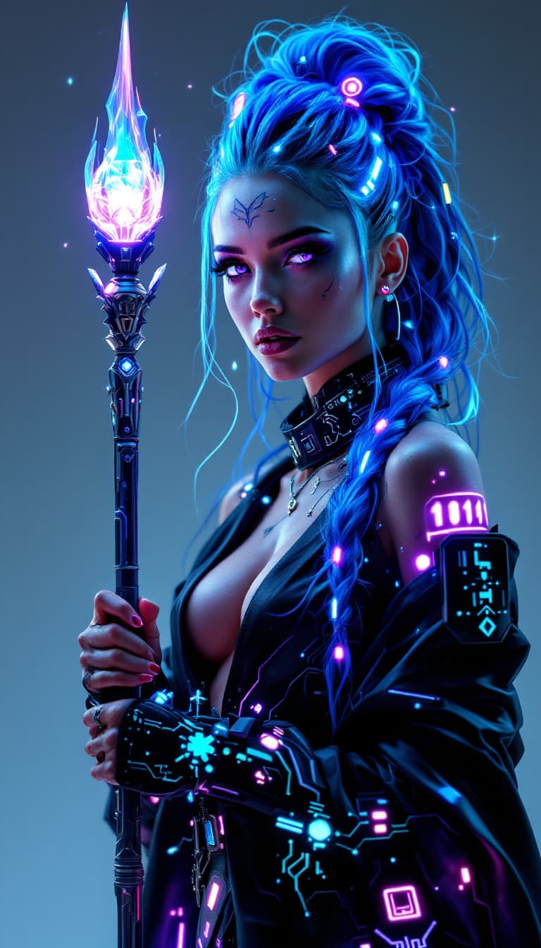 AI generated: An ultra-realistic, full-body portrait of a captivating cyberpunk mage woman, radiating technologica...
