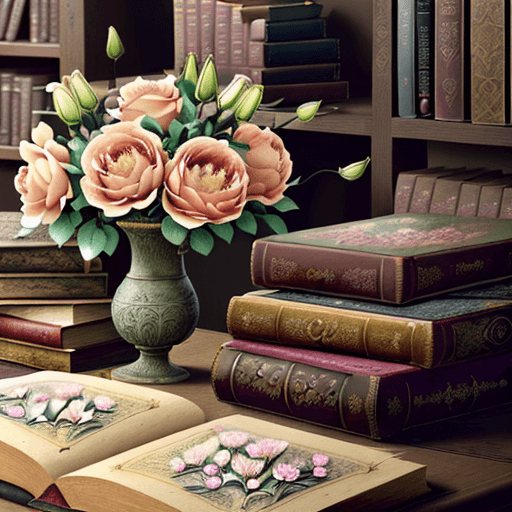 AI generated: Create a detailed and elegant illustration of two antique books surrounded by floral arrangements. T...