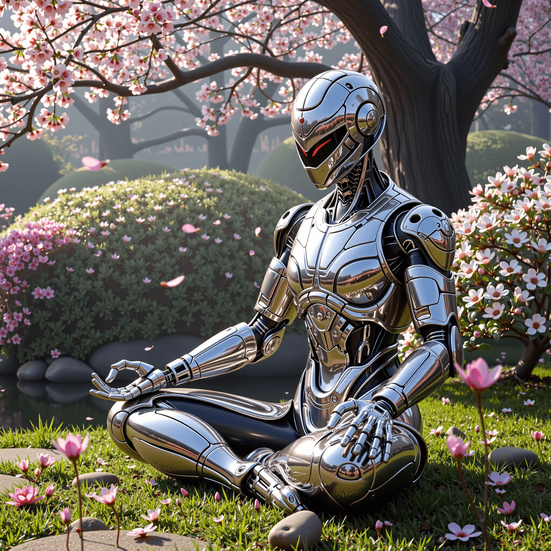 AI generated: A hyperrealistic cyborg ninja meditating in a serene Zen garden, cherry blossoms falling onto polish...