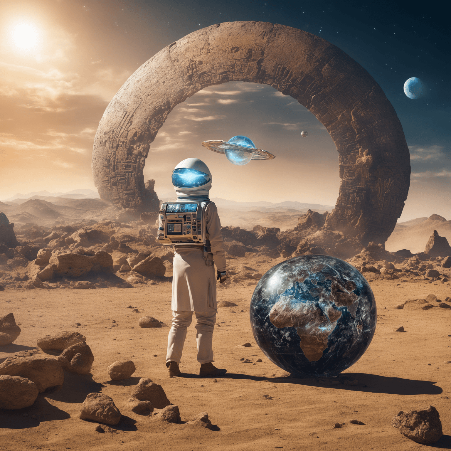 AI generated: A futuristic space archaeologist, aged 42, equipped with advanced archaeological tools, stands amids...