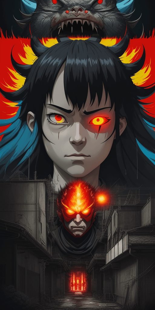 AI generated:  Studio Ghibli type. A wide angle 16k poster with of evil ghibli flash  in a killing spree, extremel...