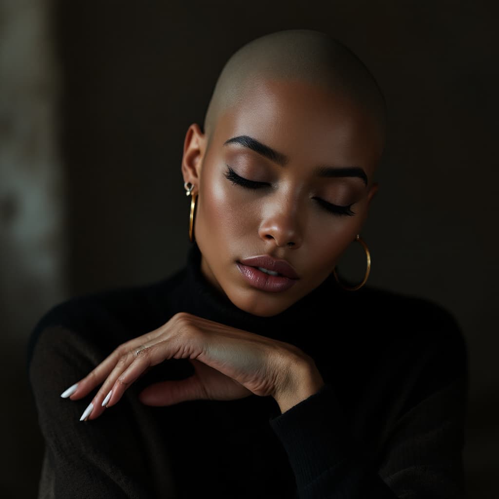AI generated: A captivating portrait of a bald woman with delicate facial features, wearing minimalist jewelry (li...