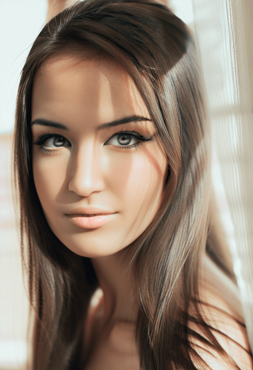 AI generated: This is a photograph of a gorgeous woman with long bronze straight hair. She has light-colored perfe...