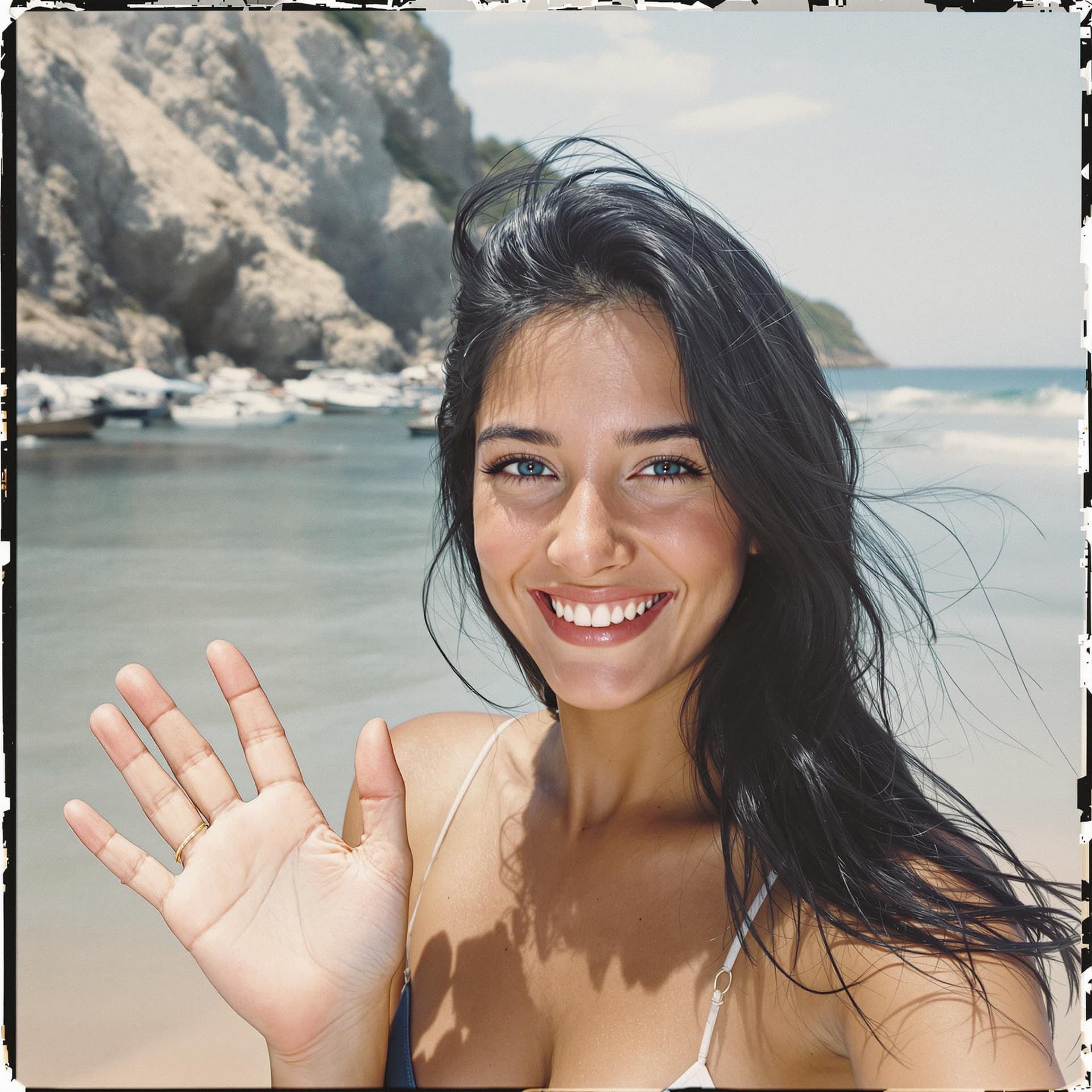 AI generated: 18-year-old woman, black hair, light blue eyes, tanned white skin, thin body, using a light makeup. ...