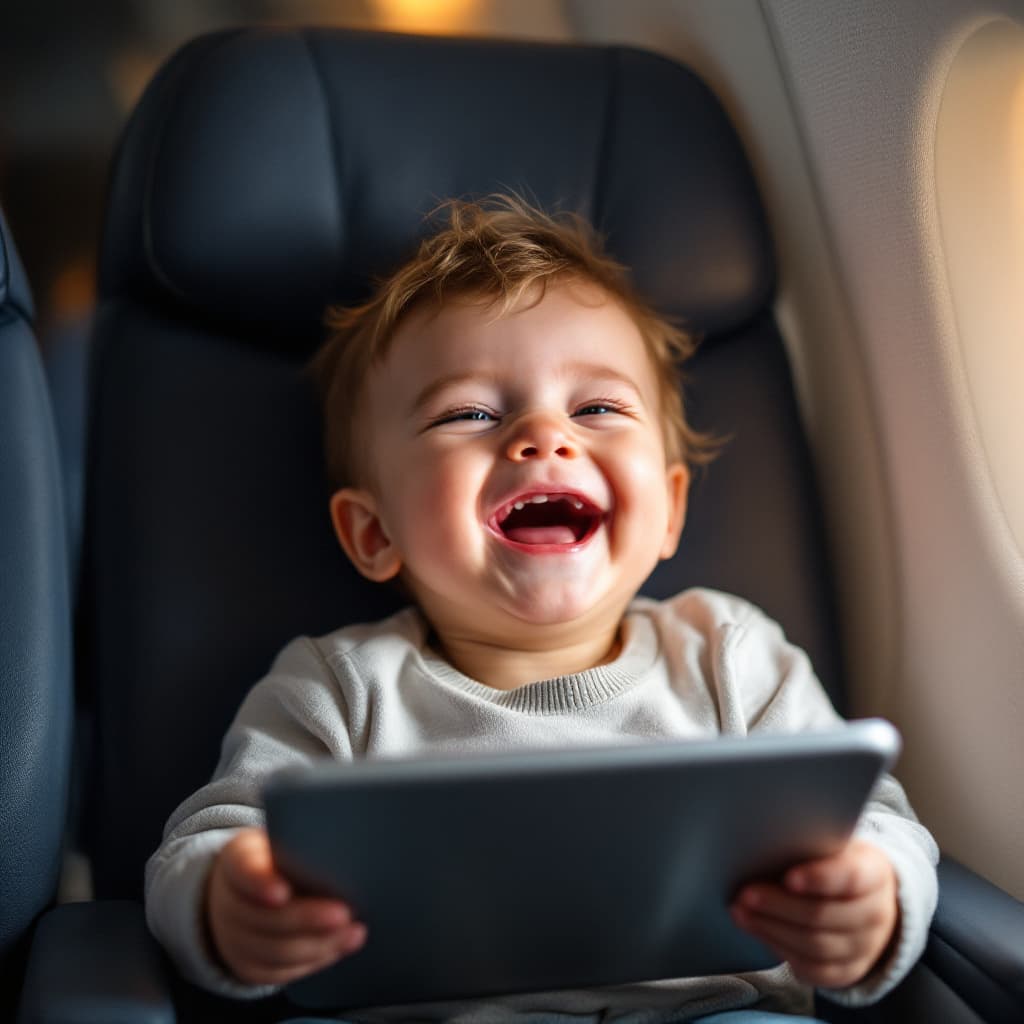 AI generated: Baby laughing happily in an airplane with iPad on his hand 
