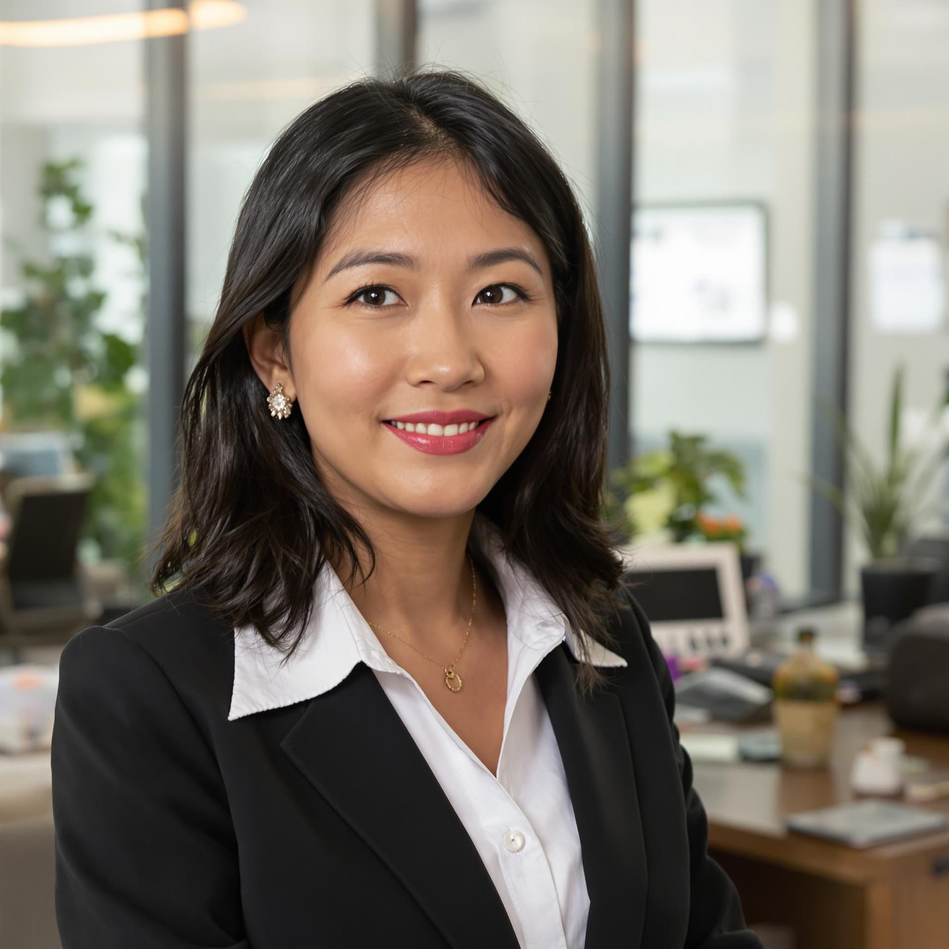 AI generated: asian woman in all black business professional attire, office as background