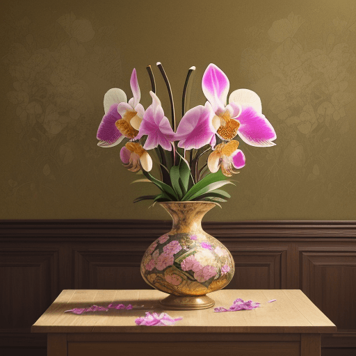 AI generated: wide angle photograph of a large and bountiful orchid and wild blossoms arrangement being displayed:...