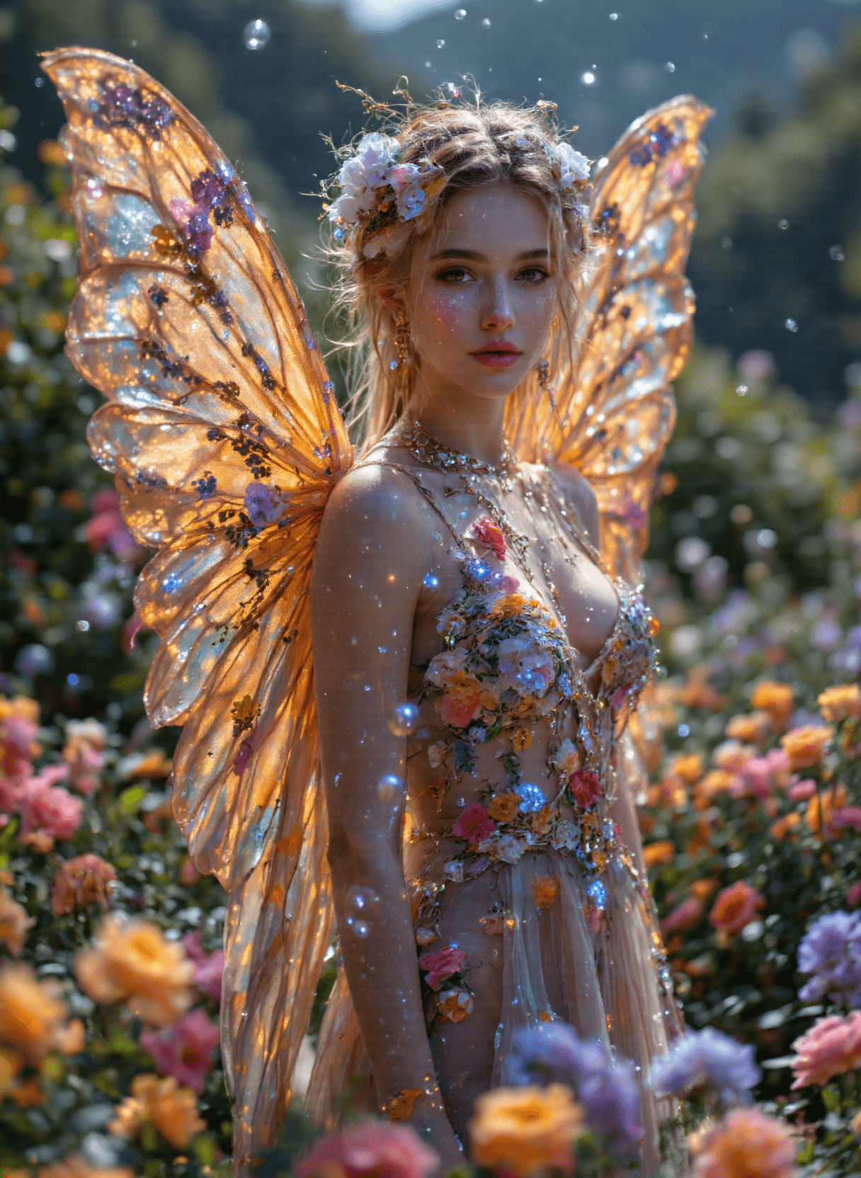 AI generated: The image depicts a fantastical (full size) fairy with intricate details and vibrant colors. The fai...