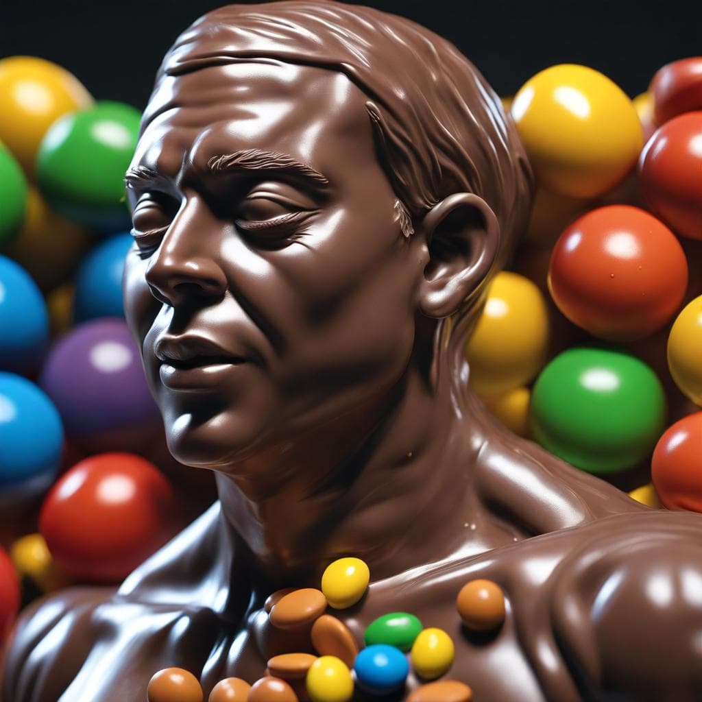 AI generated: Describe the process of sculpting a lifelike sculpture using M&MS chocolate as the primary material,...