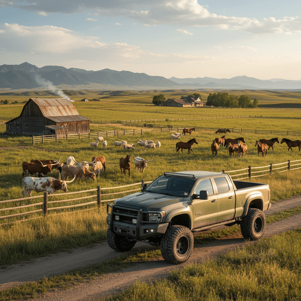 AI generated: A ranch with livestock, cattle, sheep and horses, and a huge green olive pick-up truck with huge whe...