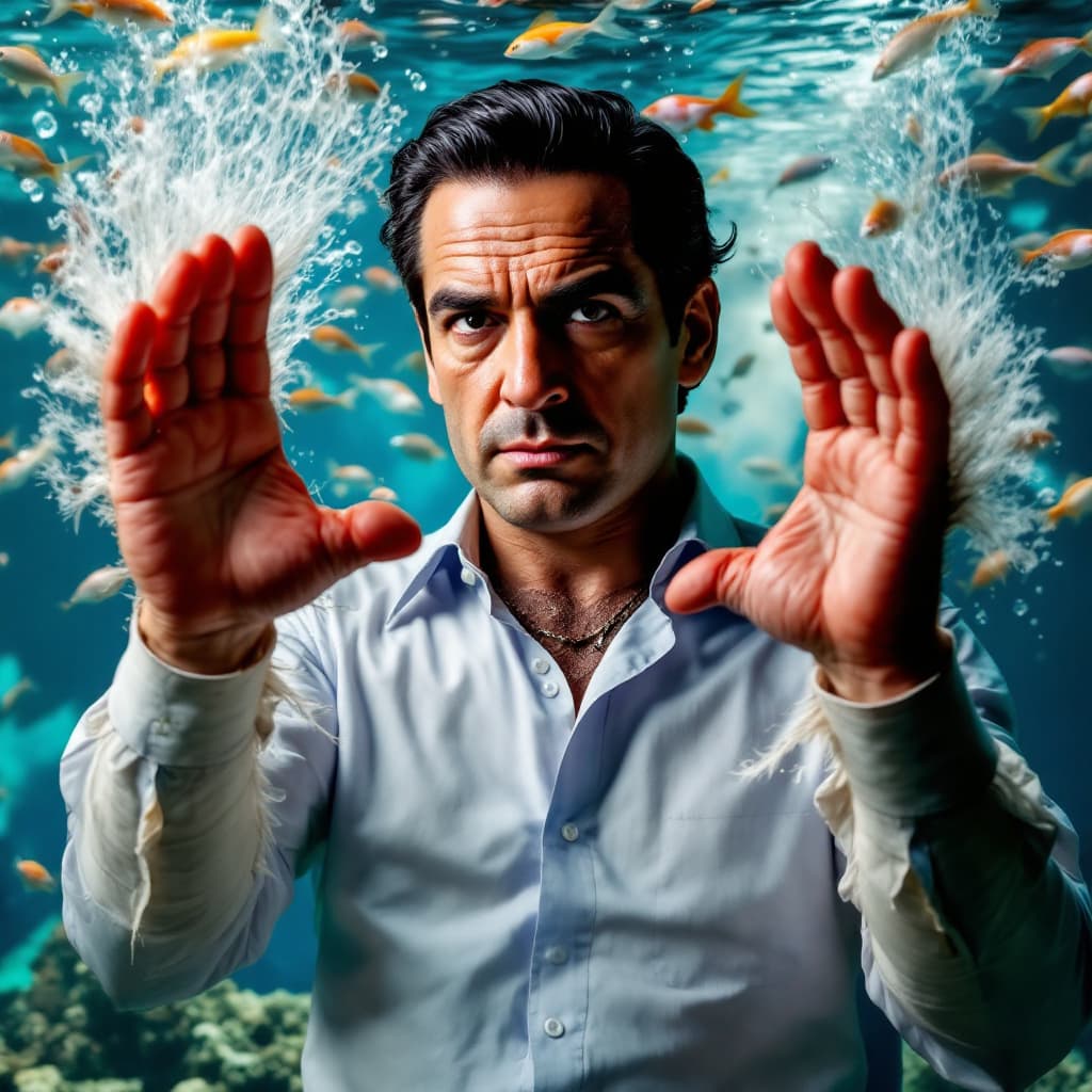 AI generated: create a mafioso man with the face of Tony Soprano against a background with many aquariums and this...
