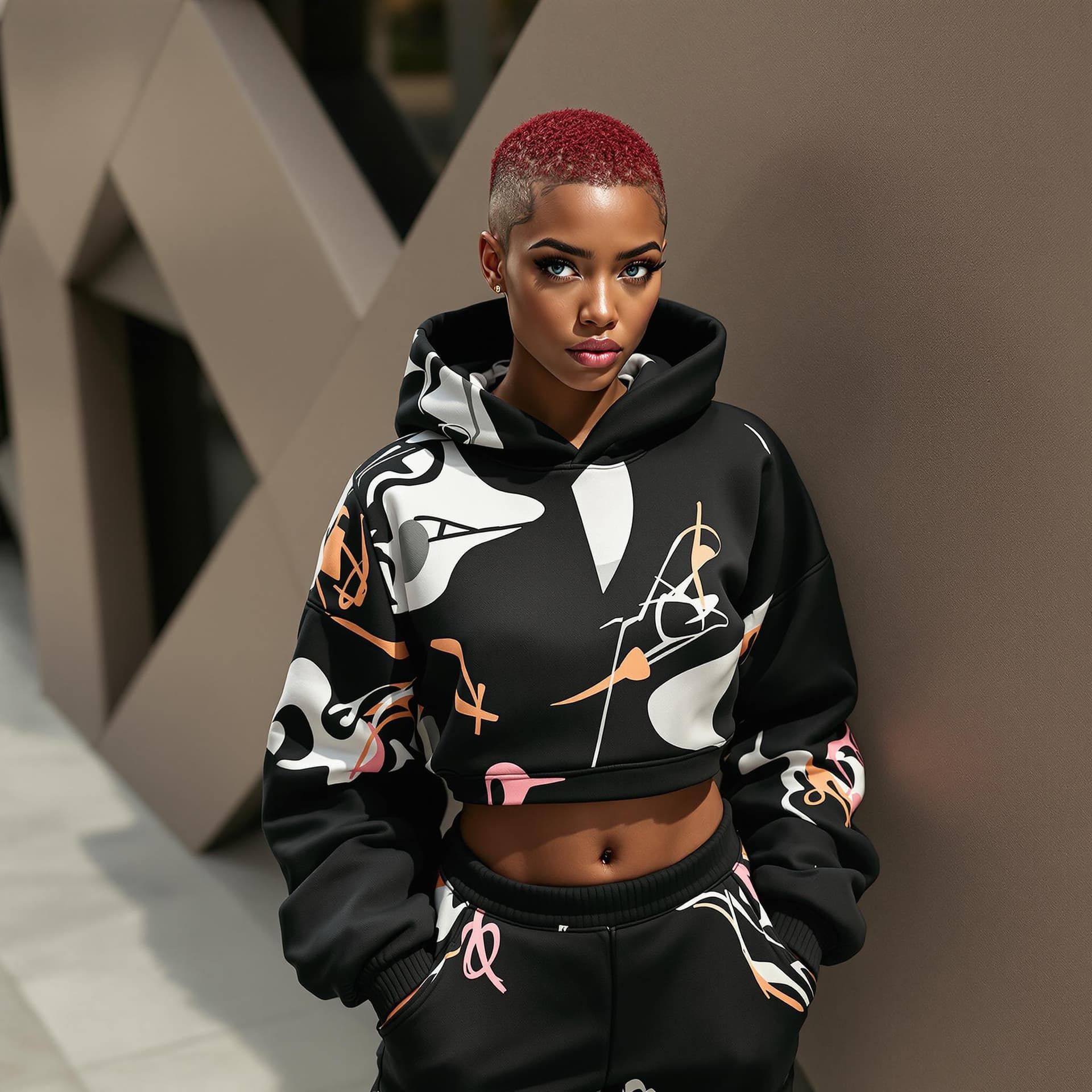 AI generated: street photography, Constructivist Fashion high angle photo of a 24-year-old Mandinka-Egyptian femal...