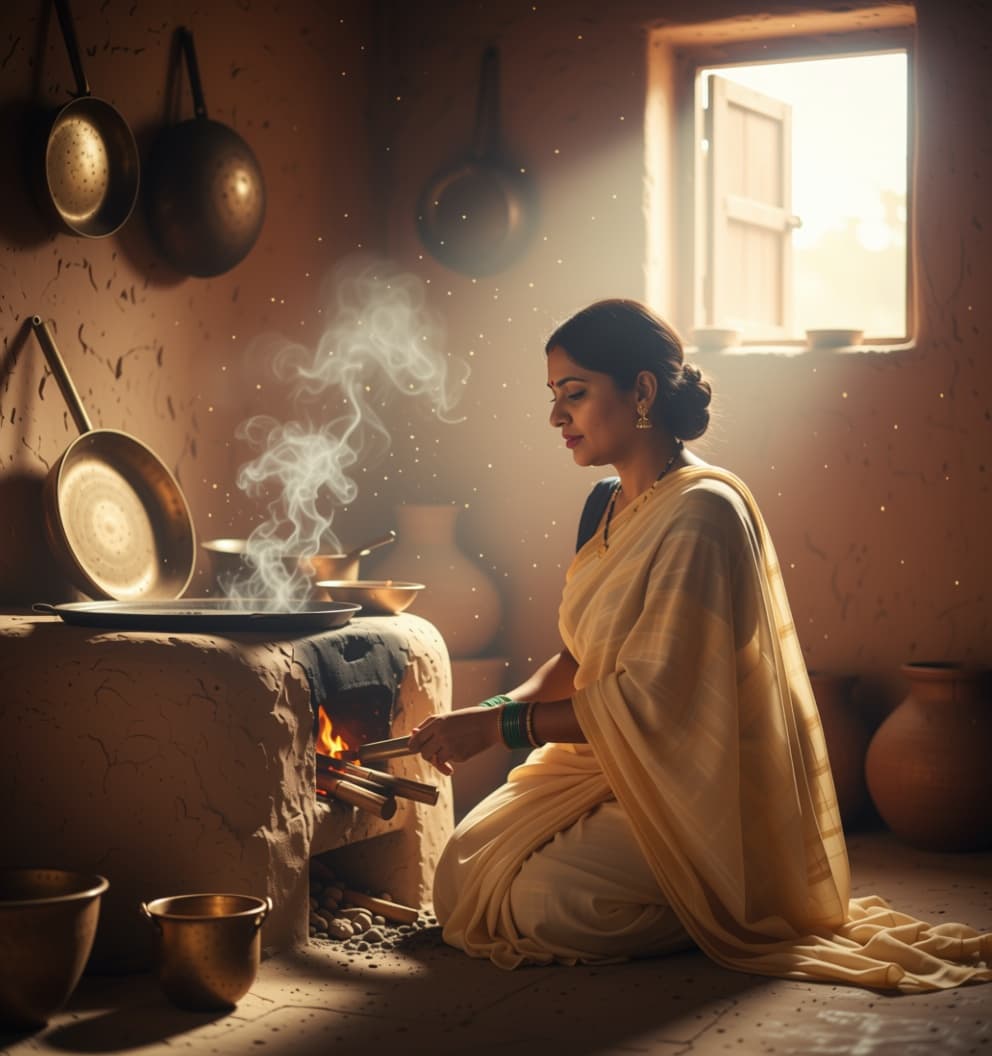 AI generated: A hyper-realistic cinematic shot of a woman in a traditional village kitchen with mud-plastered wall...