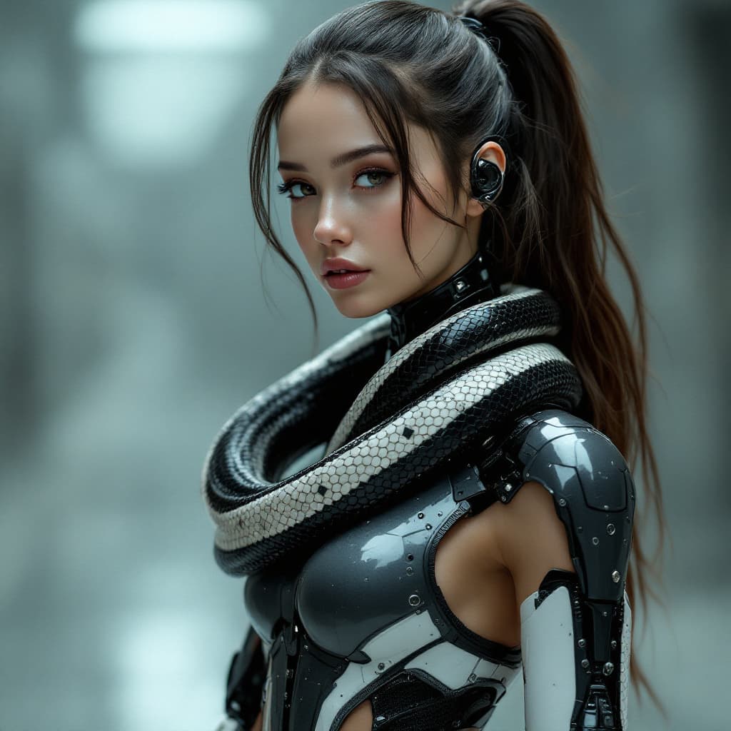 AI generated: A photo of pretty 1/2 human - 1/2 robot European Cyborg girl with long, with an absolutely symmetric...