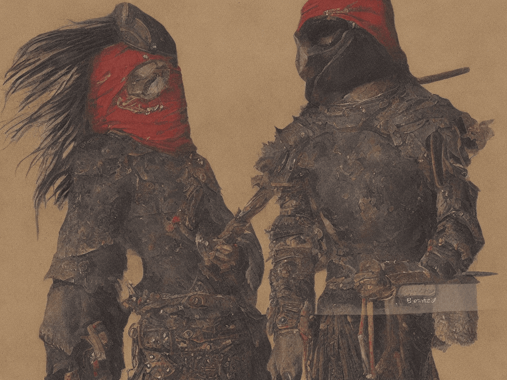 AI generated: A painting of a mysterious warrior, warrior is wearing a wool cloak and hood that covers his face, t...