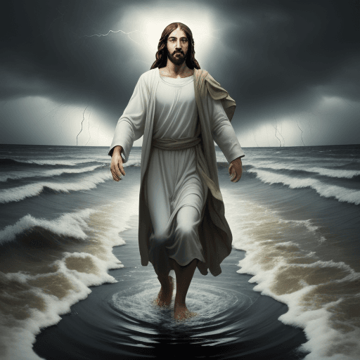 AI generated: Jesus walk on the water, in a 
 terrible storm,