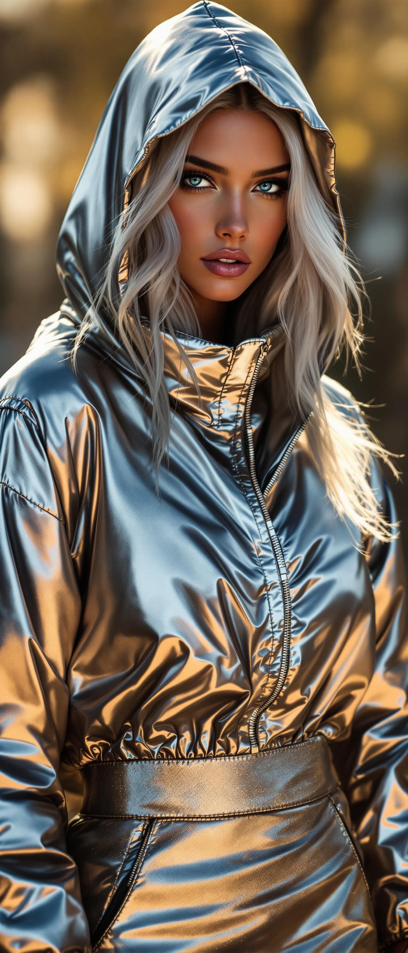 AI generated: "A supermodel, early 20's, sapphire blue eyes and silver hair beneath a hood, wears a striking metal...
