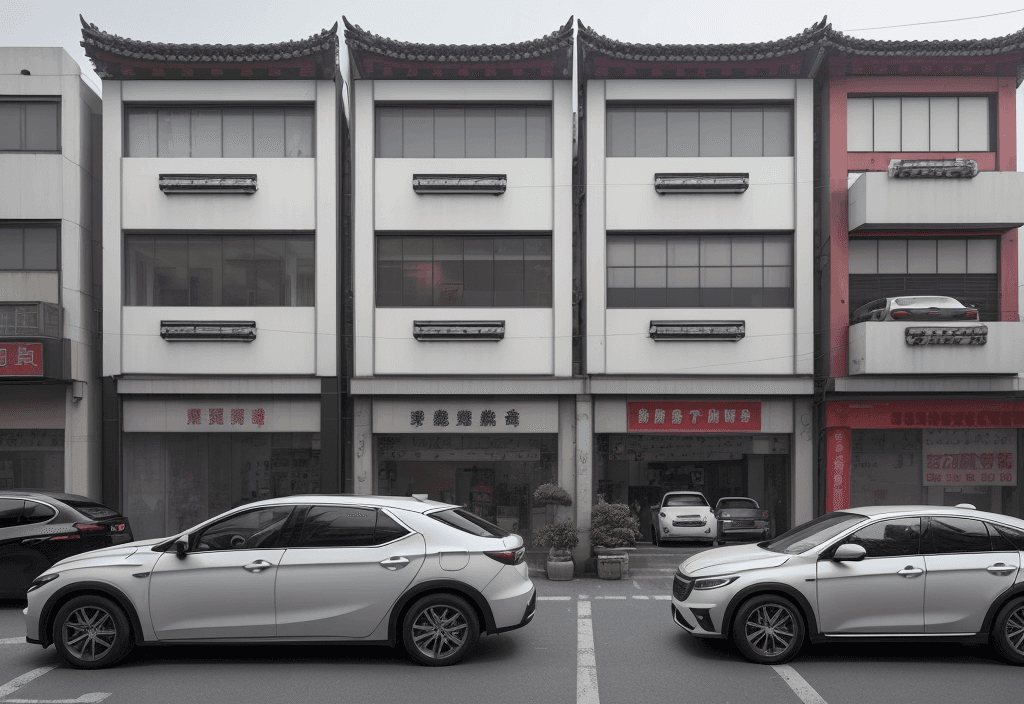 AI generated: a group of cars parked in front of a building, zhongli from genshin impact, an estate agent listing ...