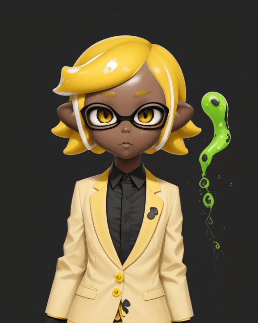 AI generated: splatoon, inkling girl, dark skin, yellow hair, short hair, formal clothes, short braid