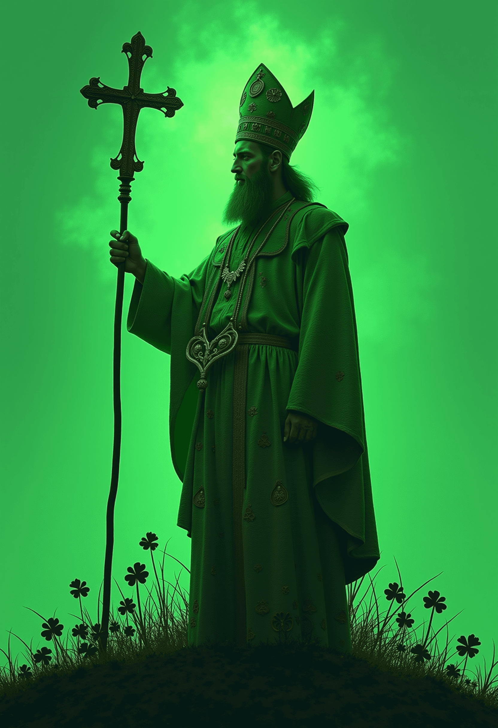 AI generated: Prompt: A breathtaking double exposure illustration featuring a luminar silhouette of Saint Patrick ...