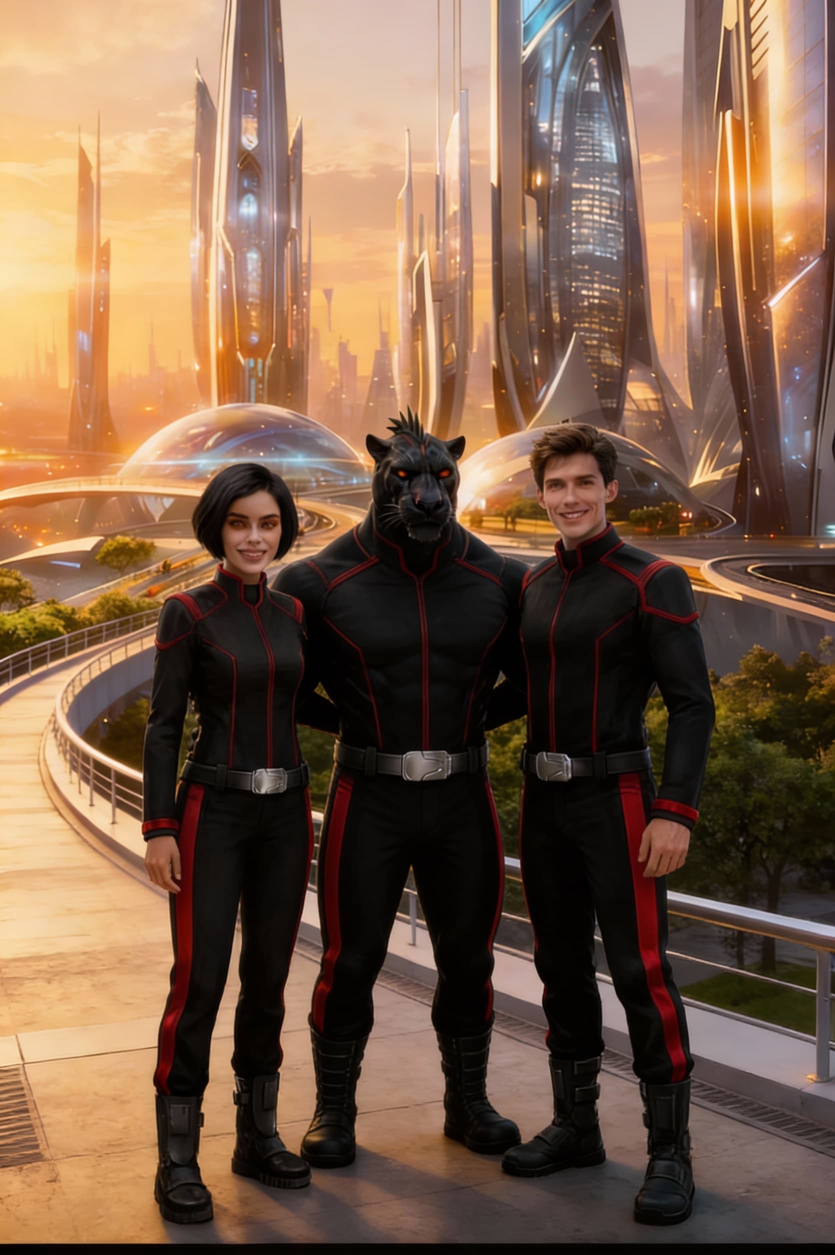 AI generated: Create a uniform for the big character in the middle that is the same as the other two characters on...