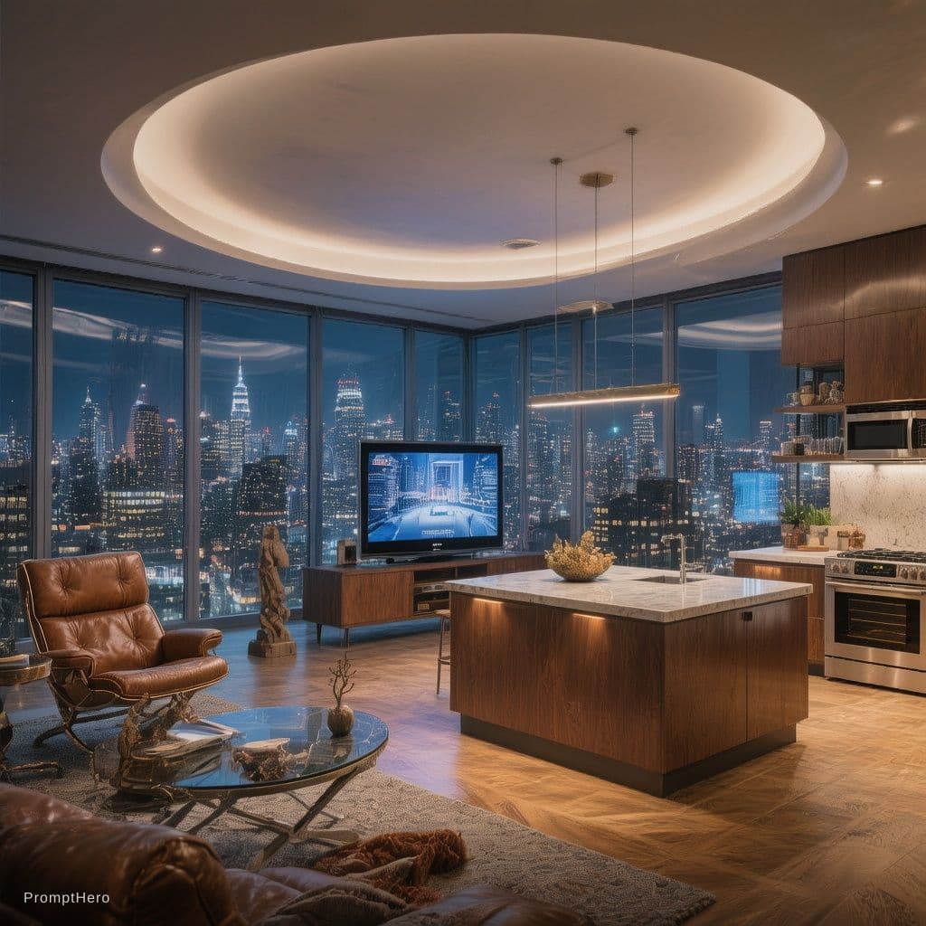 AI generated: Luxurious penthouse, panoramic city view, floortoceiling windows, modernist furniture, open floor pl...