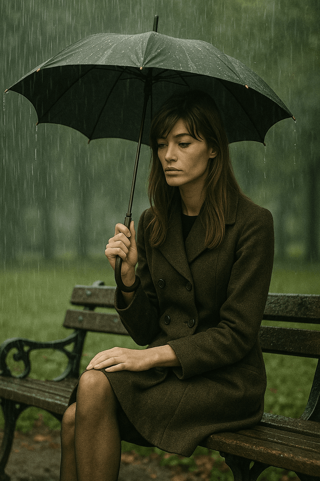 AI generated: A vintage-style photograph of Françoise Hardy sitting gracefully on a park bench in a heavy rain sho...