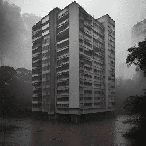 AI generated: A grey, concrete Eastern European apartment block, its brutalist design starkly contrasting with the...