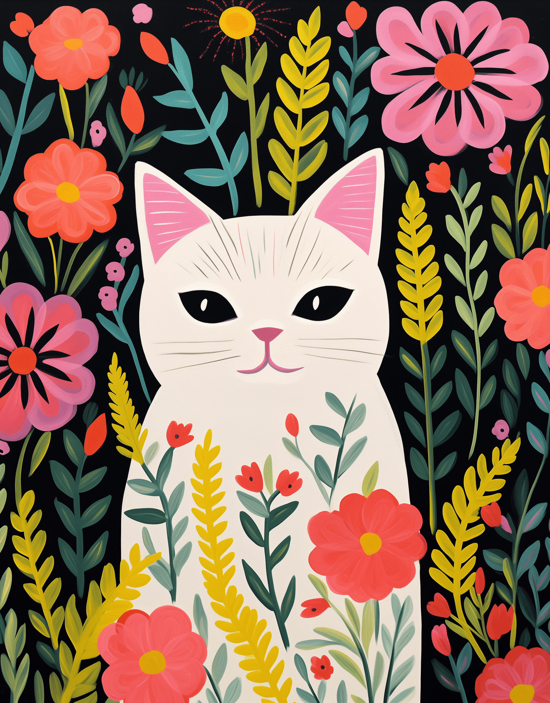 AI generated: white cat with yellow eyes in front of pink and green flowers, naive art style, folk illustration, g...