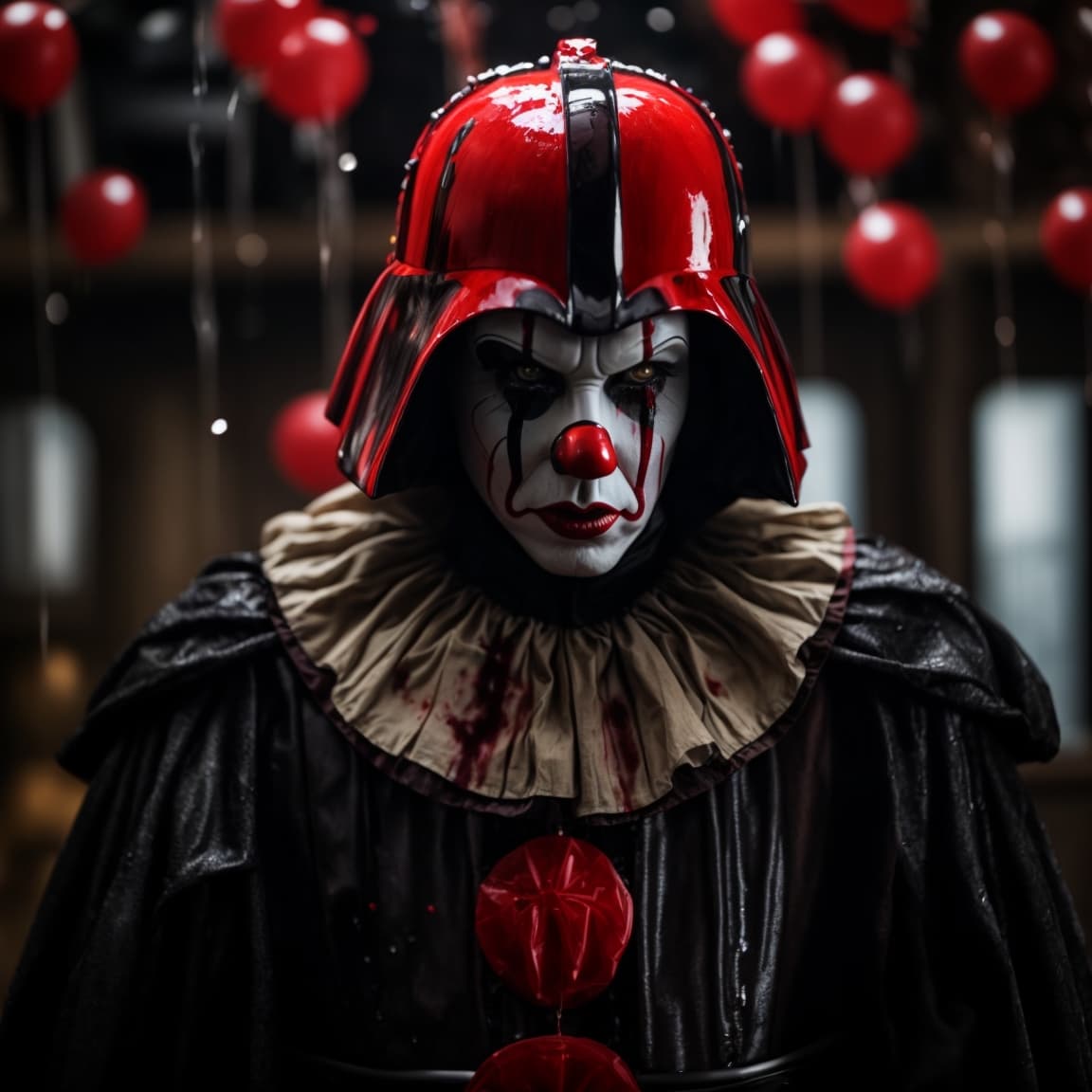 AI generated: Darth Vader as Pennywise the clown from the movie It, surreal masterpiece (adorned zentangled :1. 1)...