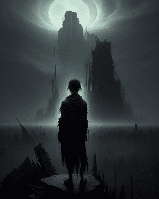 AI generated: A lone wanderer stands at the precipice of a ravaged cityscape, scarred by the echoes of a bygone ba...