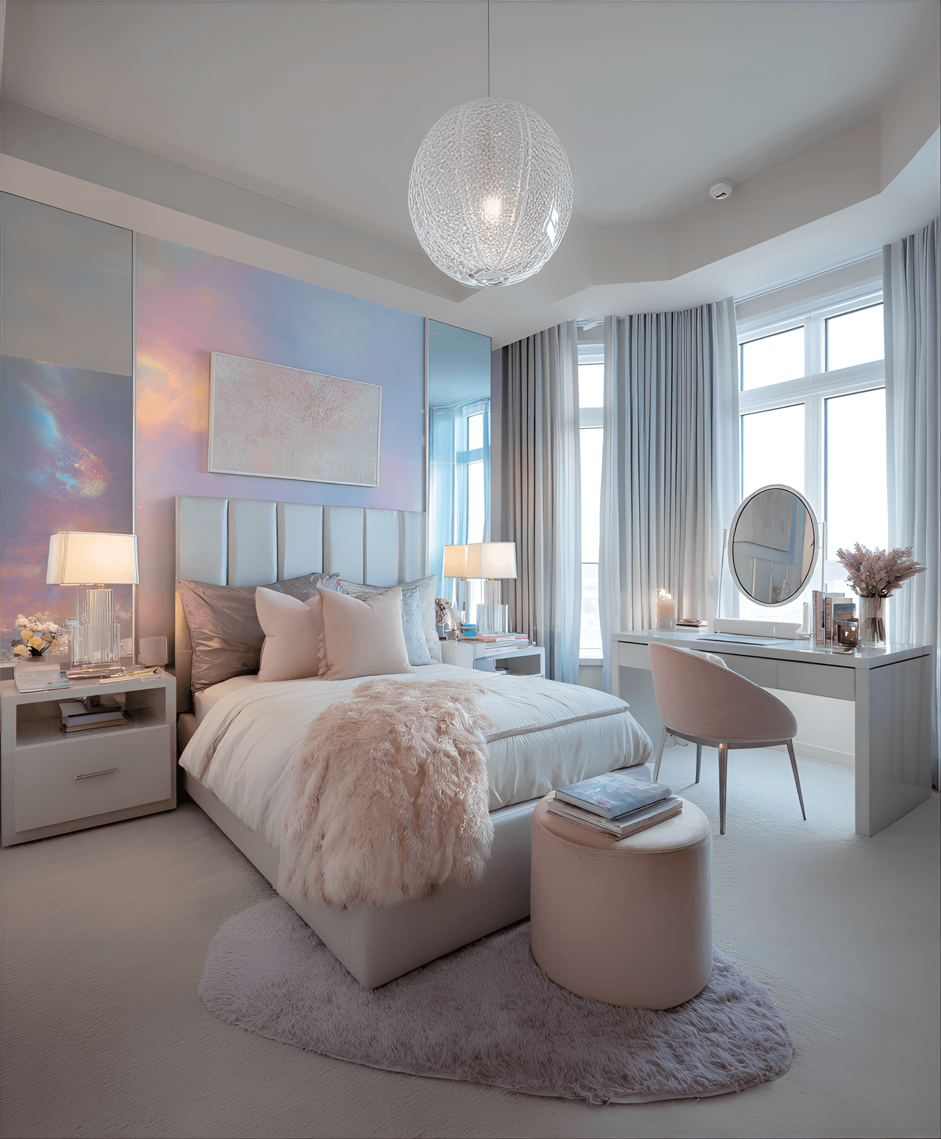 AI generated: photography, a bedroom layout highlighting a fabric headboard, sleek nightstands, and a compact work...