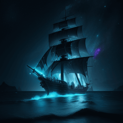 AI generated: (Pirate ship sailing into a bioluminescence sea with a galaxy in the sky), epic, 8k, ultra,