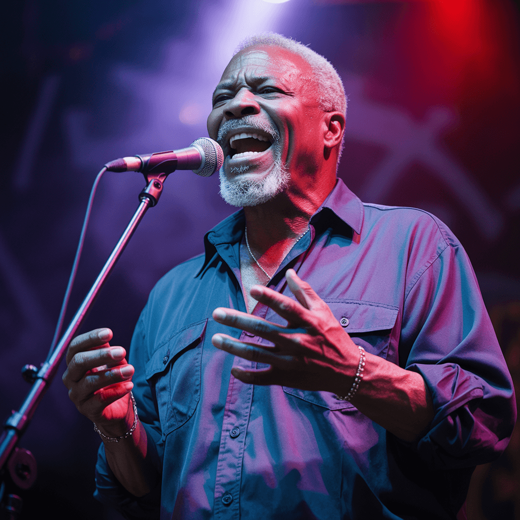 AI generated: an older soulful male blues singer performing passionately on stage, wearing a dark, sweat-stained s...