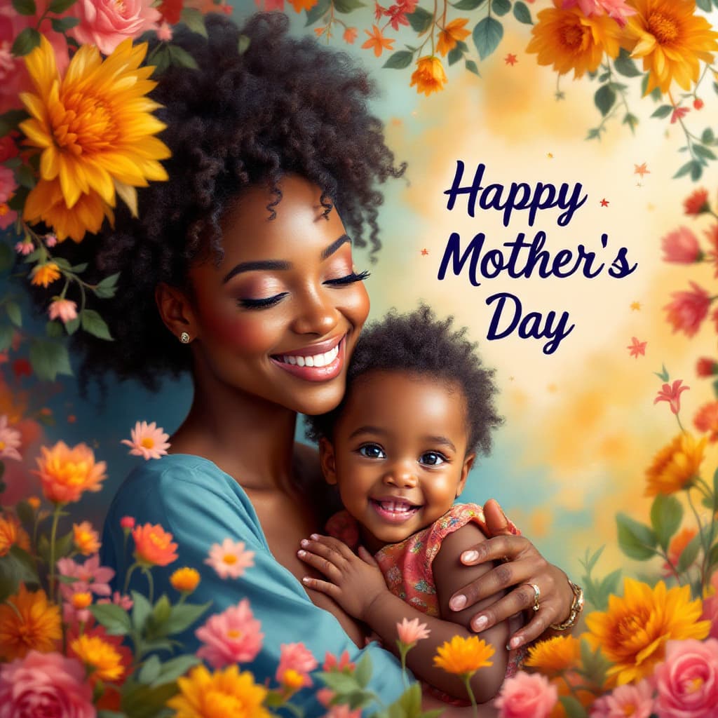 AI generated: A beautiful and hyperrealistic African American woman and child celebrating Happy Mother's Day, surr...
