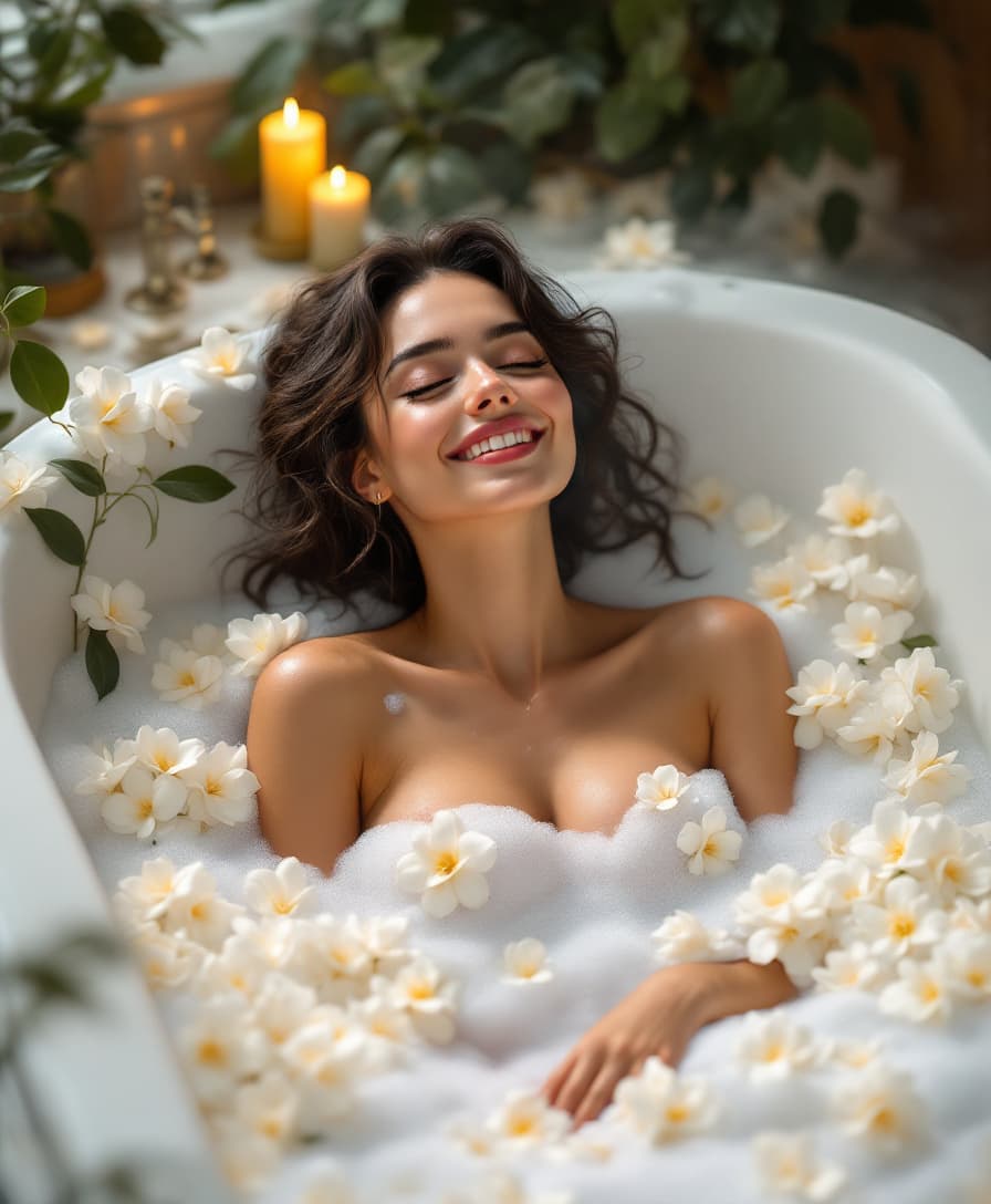 AI generated: 
Cartoon style, flat, A luxurious vintage-style bathtub overflowing with delicate white gardenia flo...
