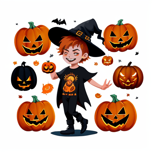 AI generated: autumn iconpack of a charming boy as Halloween witch, random face expressions, random coloring, cart...